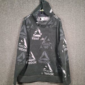 Reebok Men's Size XL Black Graphic Logo Hoodie Sweatshirt Front Pocket High Neck
